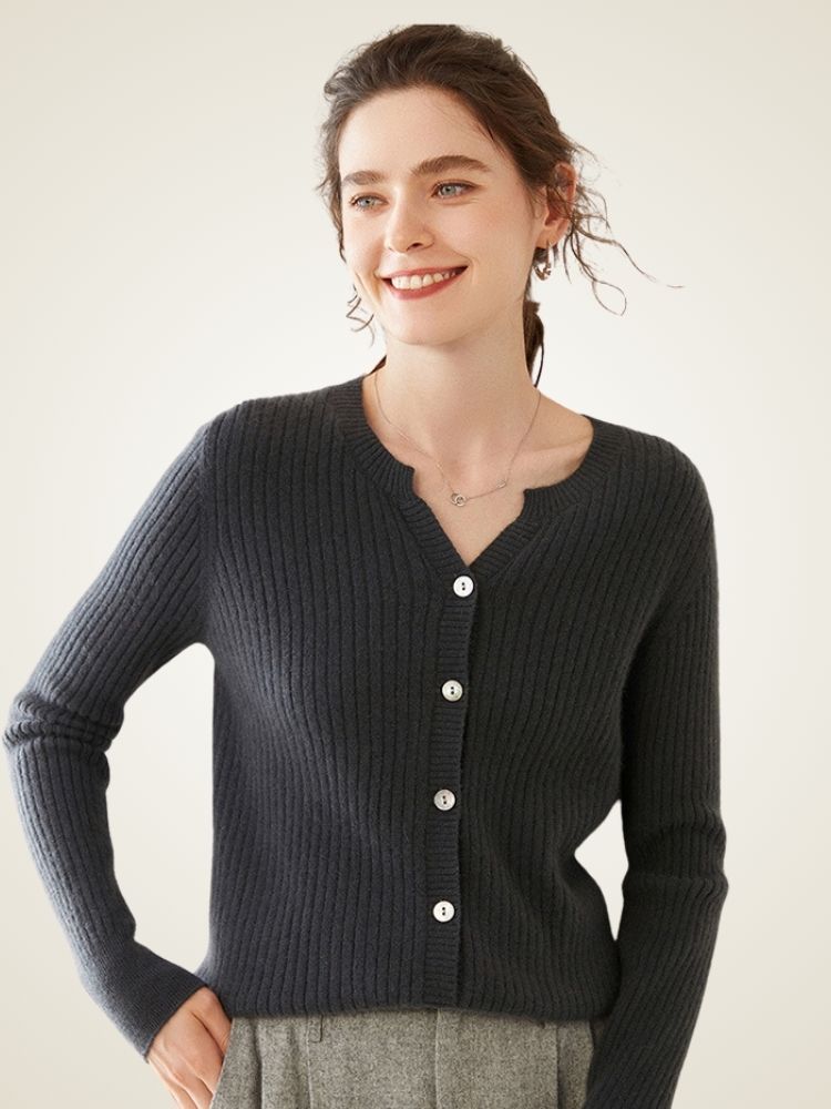 Delphie - Dark Gray Ribbed Cashmere Cardigan | The Cashmere Studio