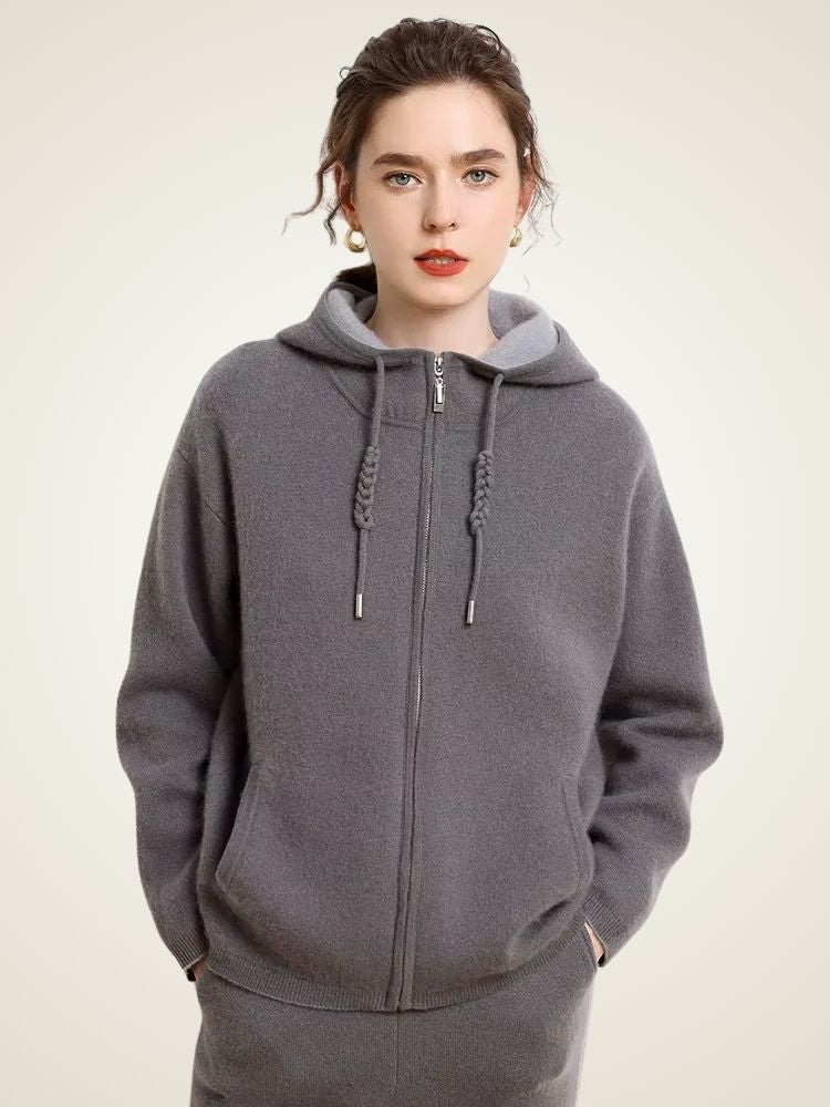 Alana - Dark Gray Hooded Cashmere Zip Jacket | The Cashmere Studio