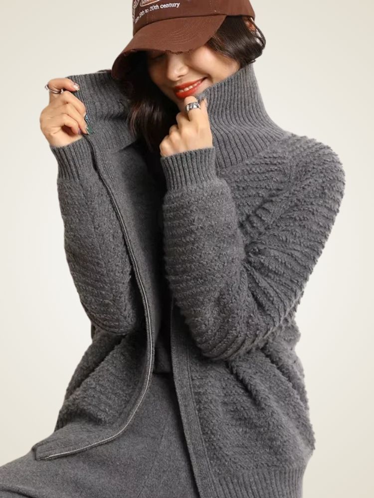 Bailey - Dark Gray Zip Cashmere Cardigan | The Cashmere Studio