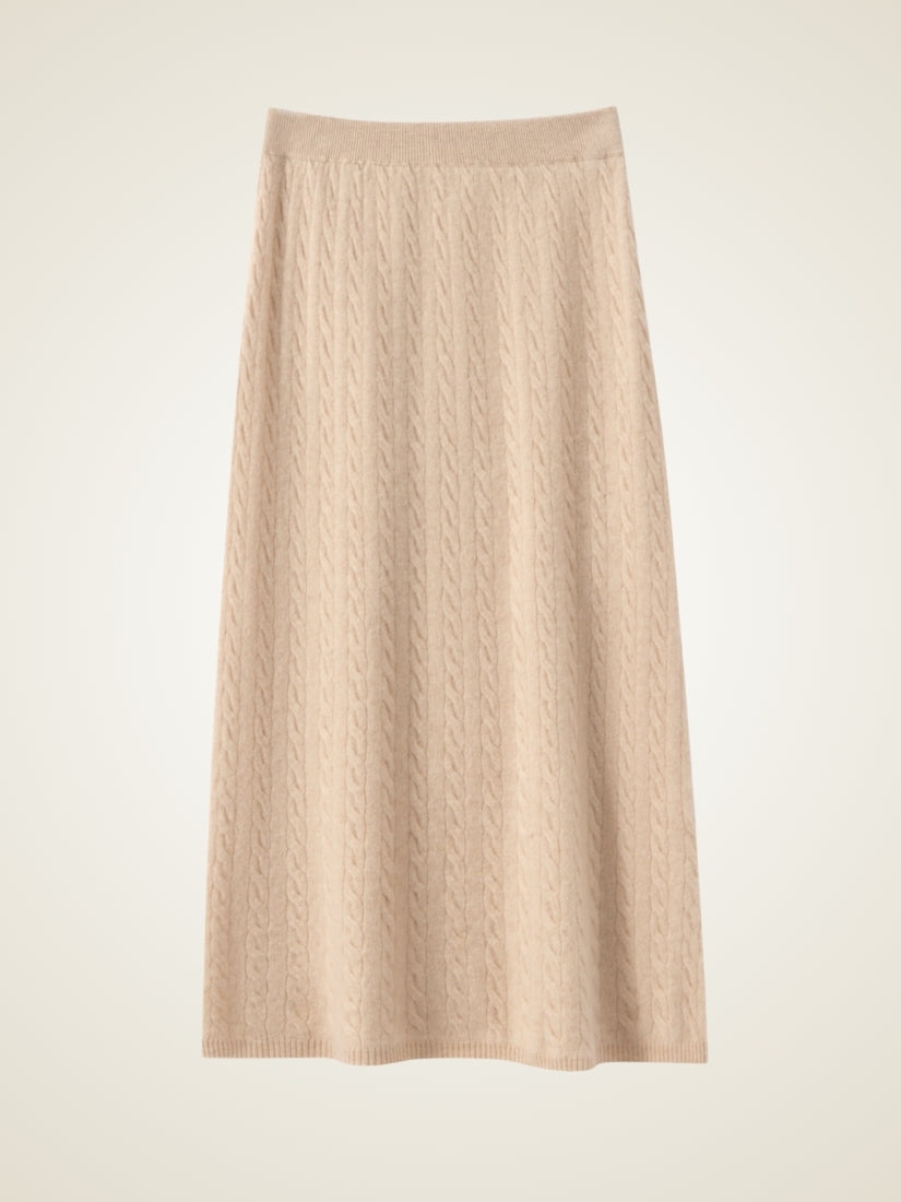 Daryssa — Beige Cable Knit Cashmere Midi Skirt | The Cashmere Studio