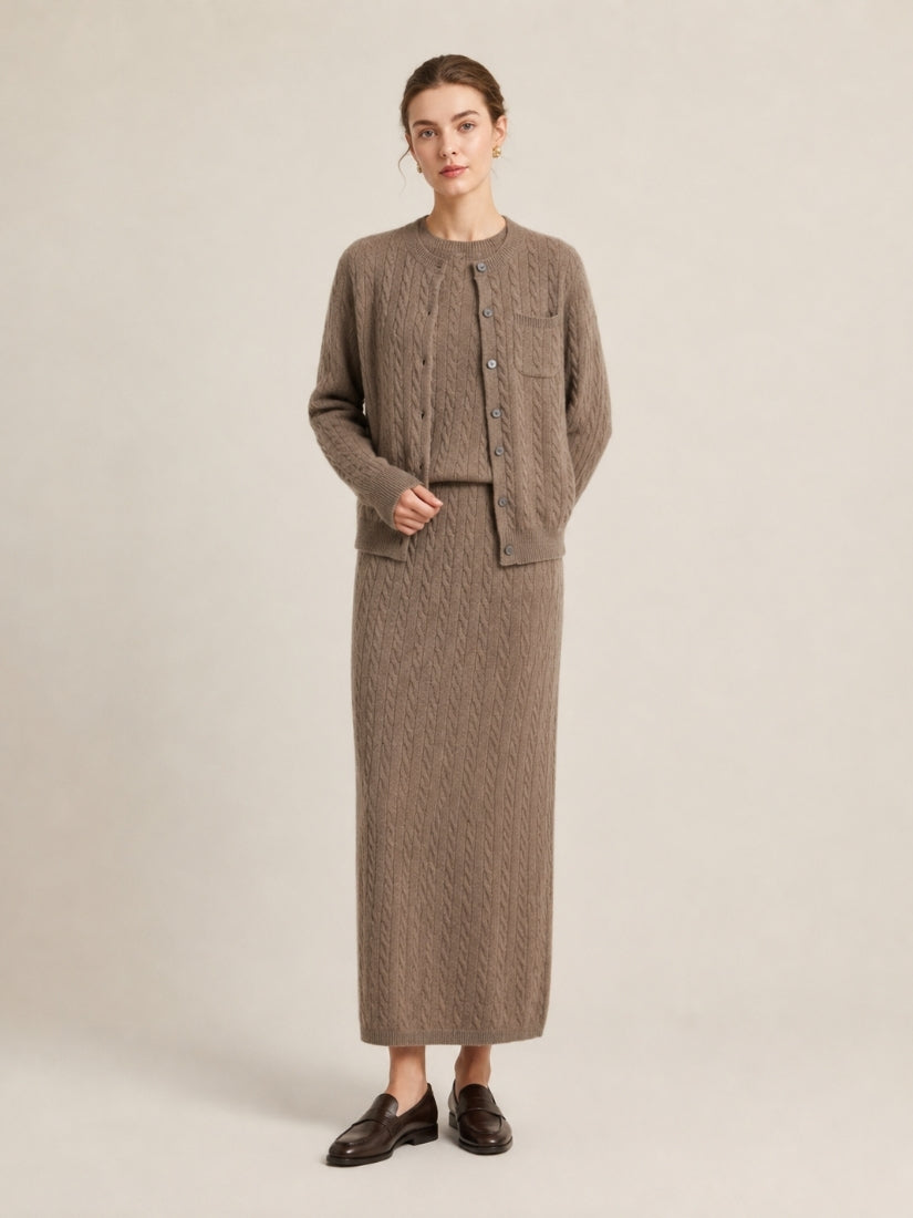 Daryssa — Taupe Cable Knit Cashmere Set | The Cashmere Studio