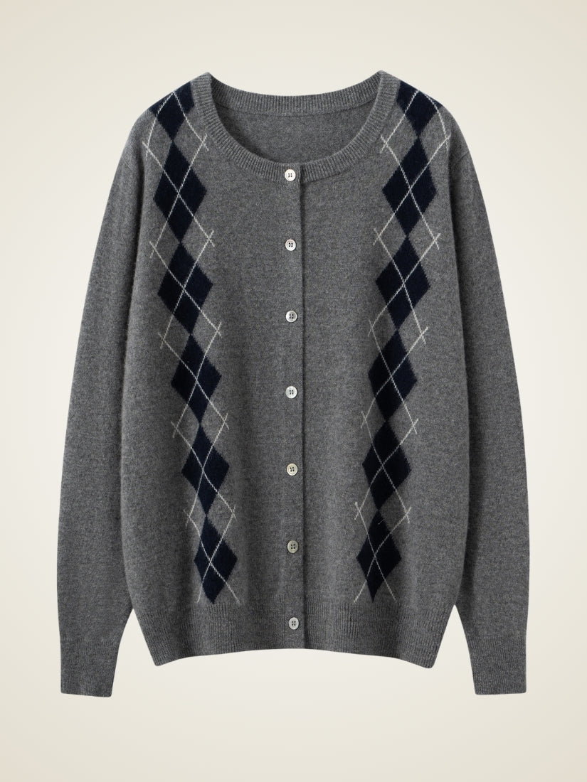 Delyssa — Deep Smoke Gray Argyle Cashmere Cardigan | The Cashmere Studio