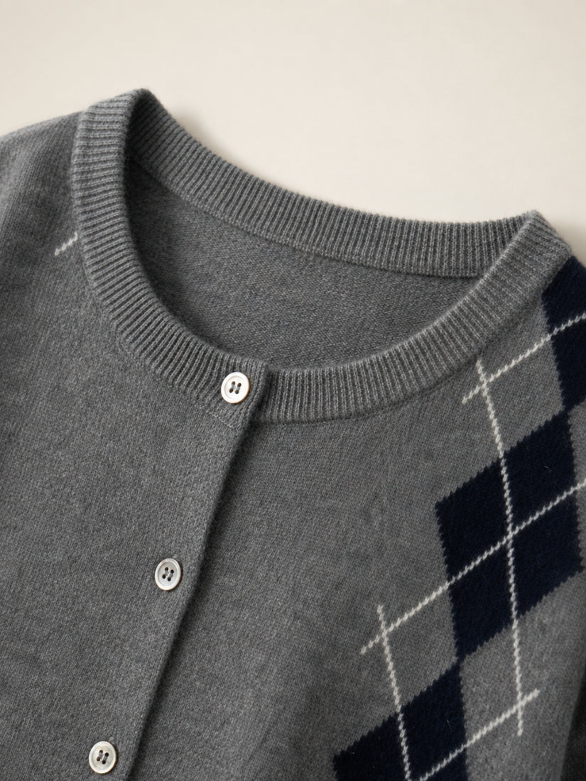 Delyssa — Deep Smoke Gray Argyle Cashmere Cardigan | The Cashmere Studio