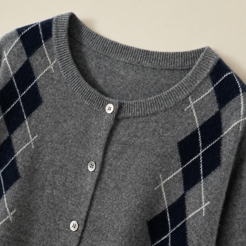 Delyssa — Deep Smoke Gray Argyle Cashmere Cardigan | The Cashmere Studio