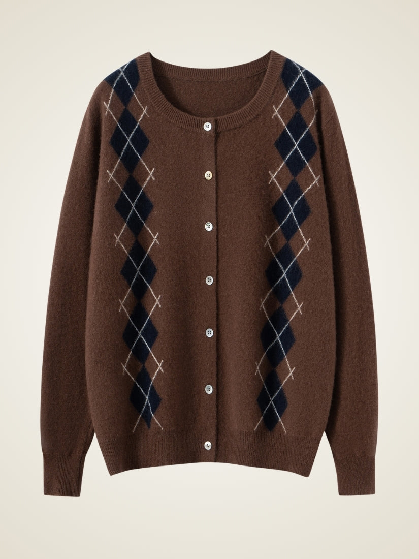 Delyssa — Coffee Argyle Cashmere Cardigan | The Cashmere Studio