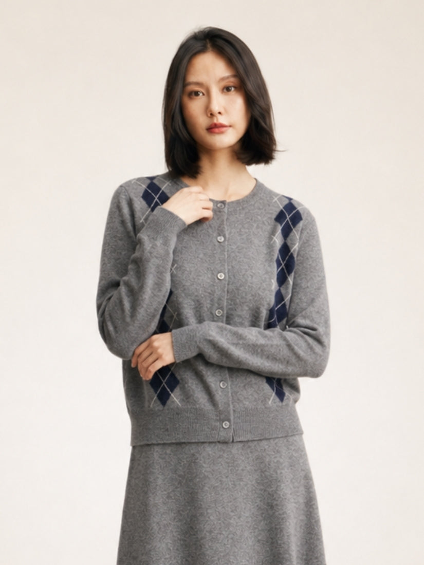 Delyssa — Deep Smoke Gray Argyle Cashmere Cardigan | The Cashmere Studio