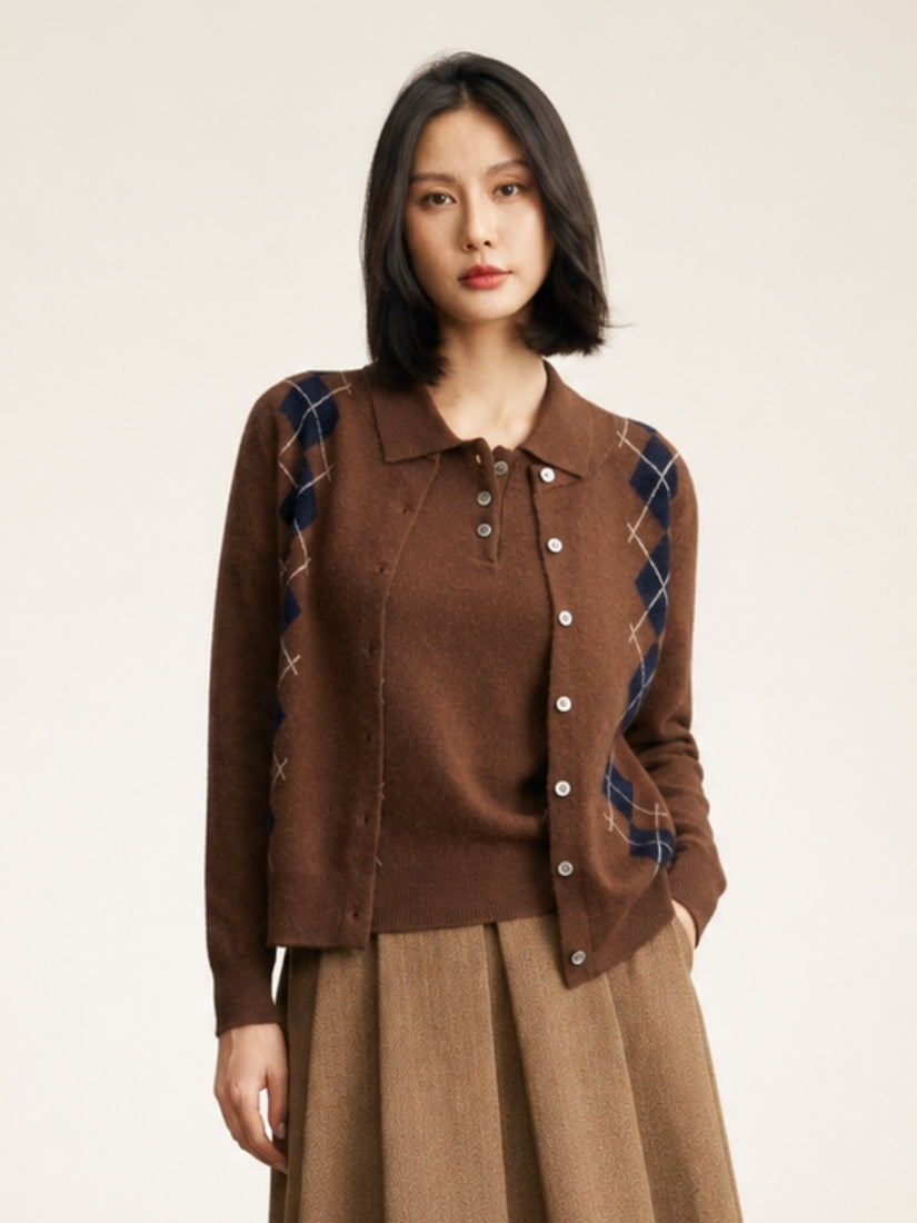 Delyssa — Coffee Argyle Cashmere Cardigan | The Cashmere Studio