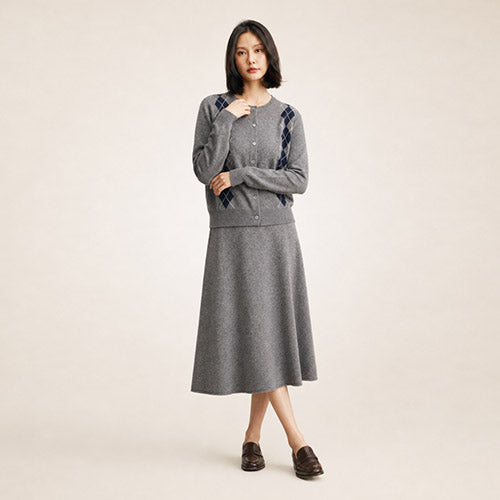 Delyssa — Deep Smoke Gray Argyle Cashmere Cardigan | The Cashmere Studio