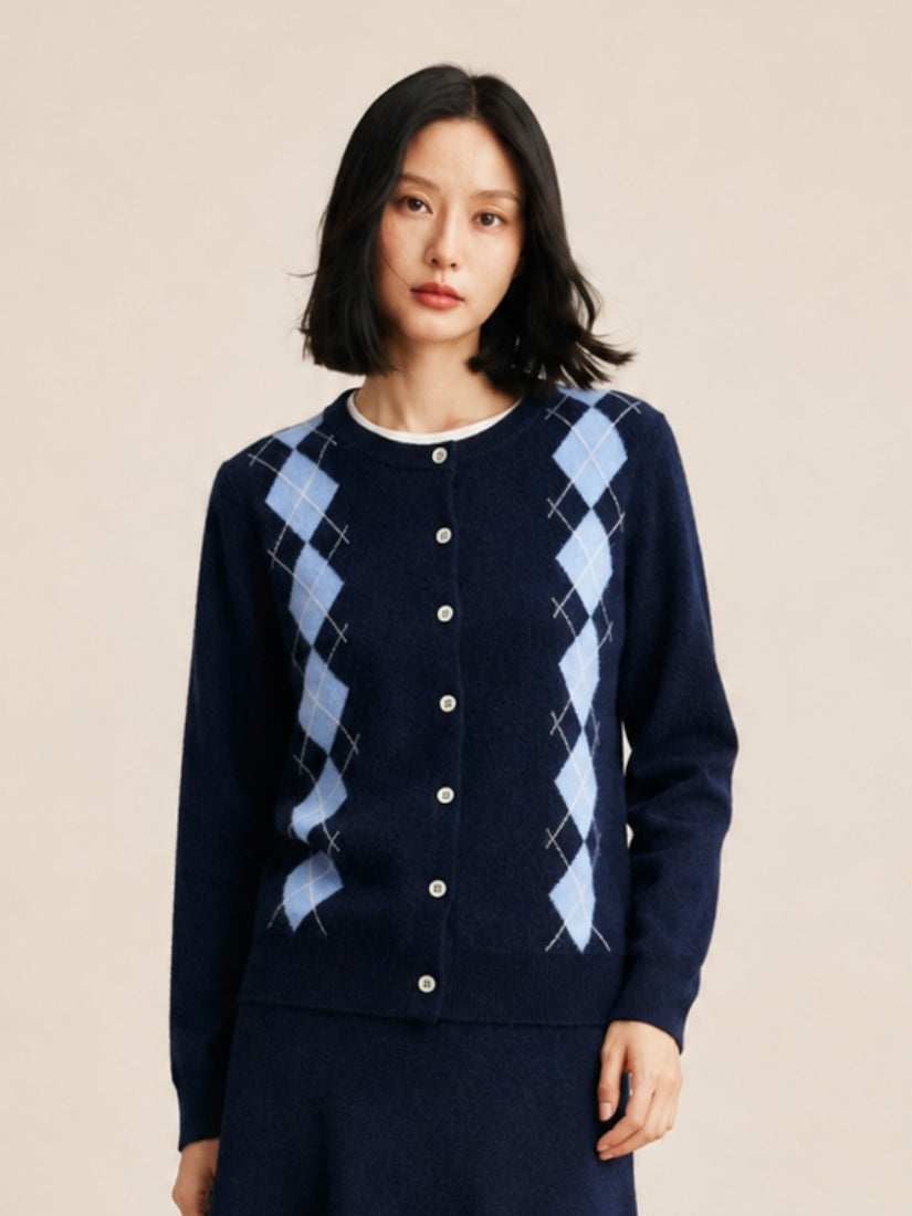Delyssa — Navy Blue Argyle Cashmere Cardigan | The Cashmere Studio