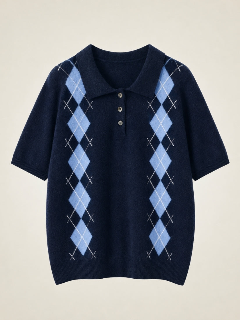 Delyssa — Navy Blue Argyle Cashmere Top | The Cashmere Studio