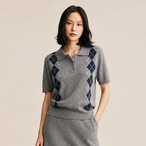 Delyssa — Deep Smoke Gray Argyle Cashmere Top | The Cashmere Studio