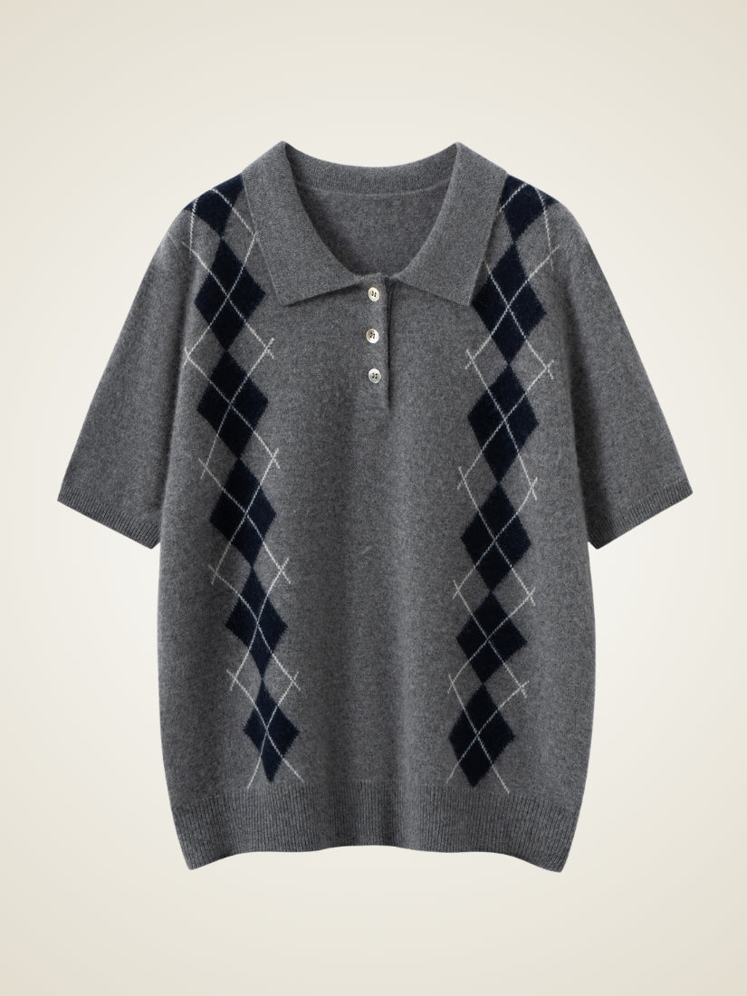 Delyssa — Deep Smoke Gray Argyle Cashmere Top | The Cashmere Studio