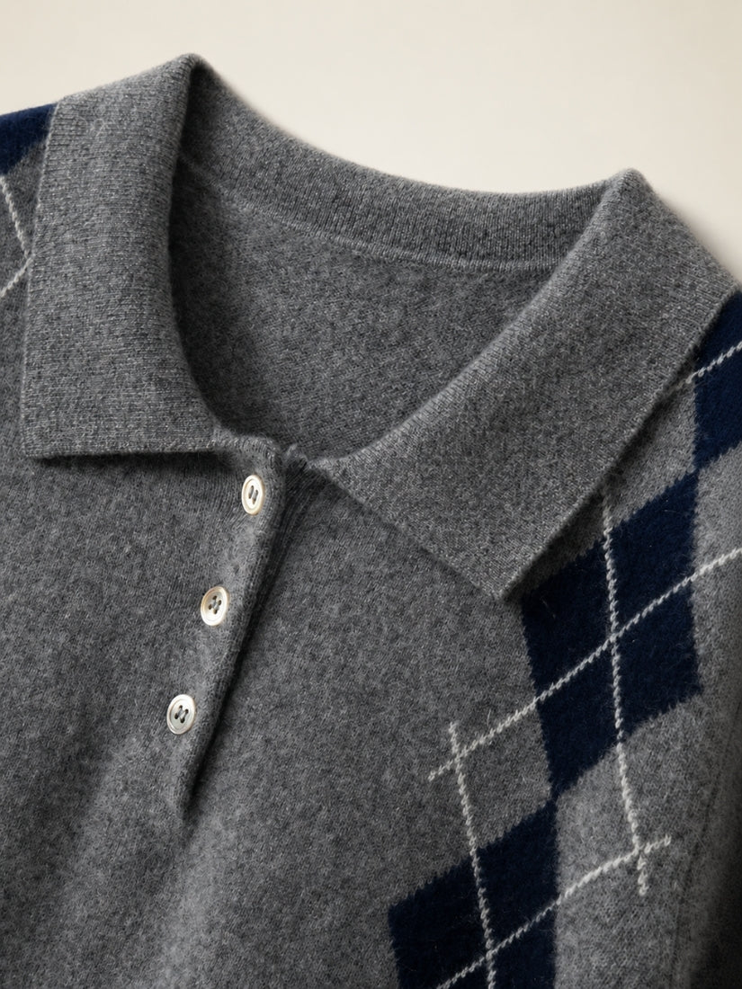 Delyssa — Deep Smoke Gray Argyle Cashmere Top | The Cashmere Studio