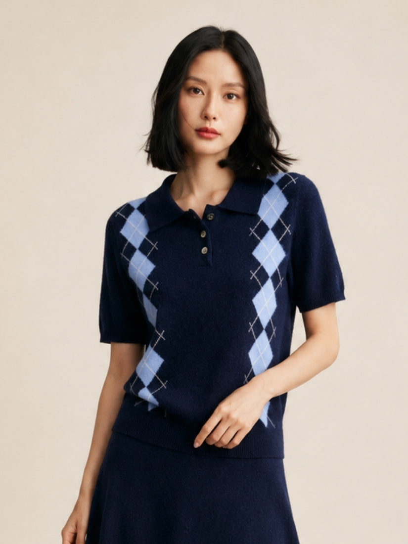 Delyssa — Navy Blue Argyle Cashmere Top | The Cashmere Studio