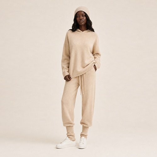 Dravena — Beige Cashmere Hoodie Set | The Cashmere Studio
