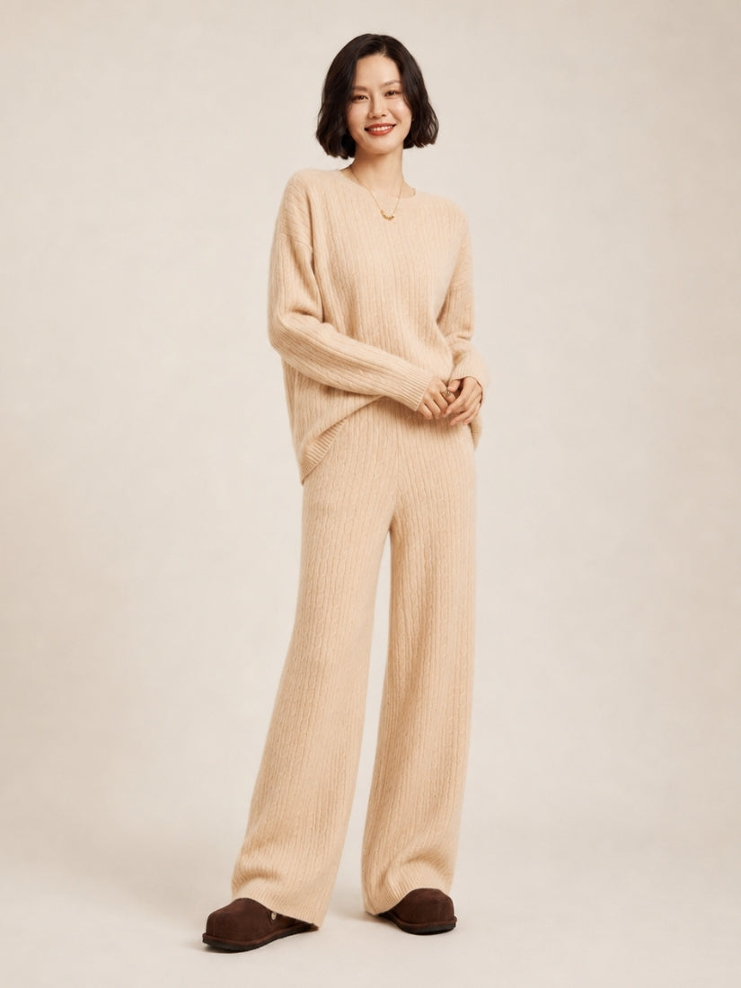 Emirelda - Beige Cable-Knit Cashmere Set | The Cashmere Studio