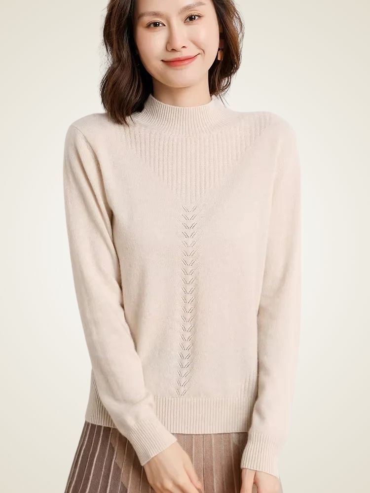 Grace - Beige Mock Neck Cashmere Sweater | The Cashmere Studio