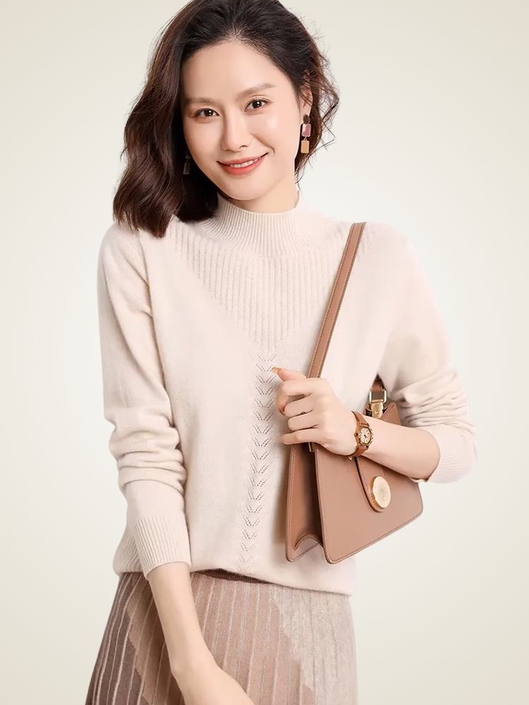 Grace - Beige Mock Neck Cashmere Sweater | The Cashmere Studio