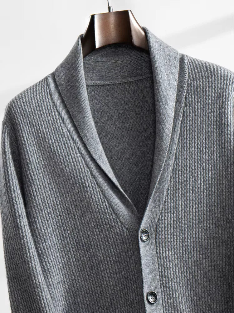 Andy - Gray Textured Shawl Collar Cashmere Cardigan | The Cashmere Studio