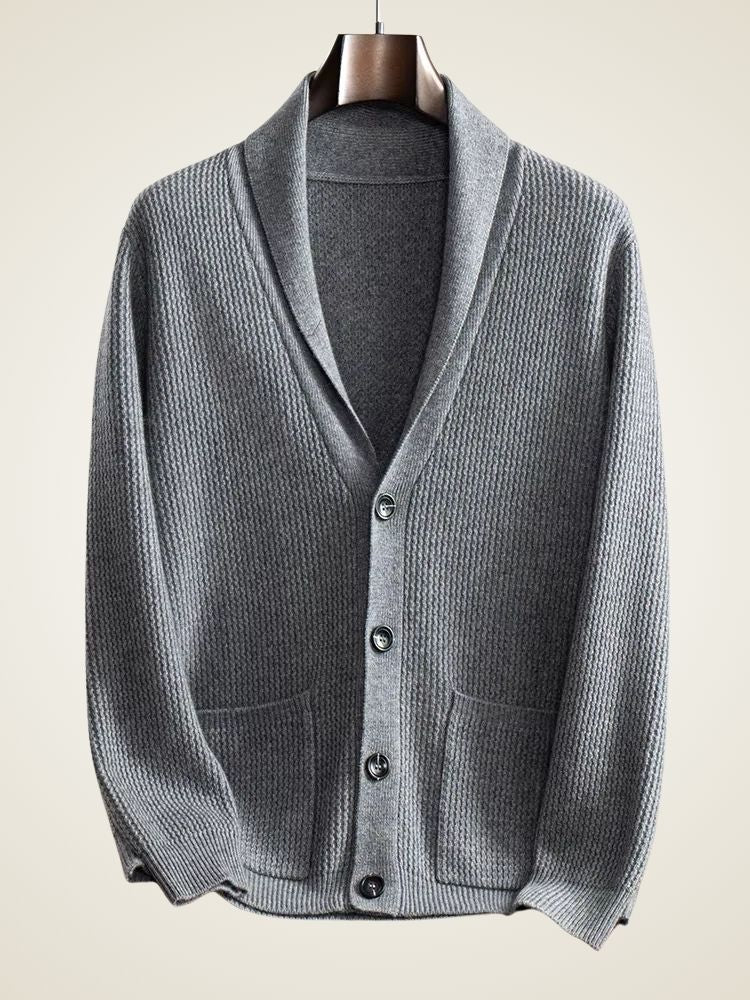 Andy - Gray Textured Shawl Collar Cashmere Cardigan | The Cashmere Studio