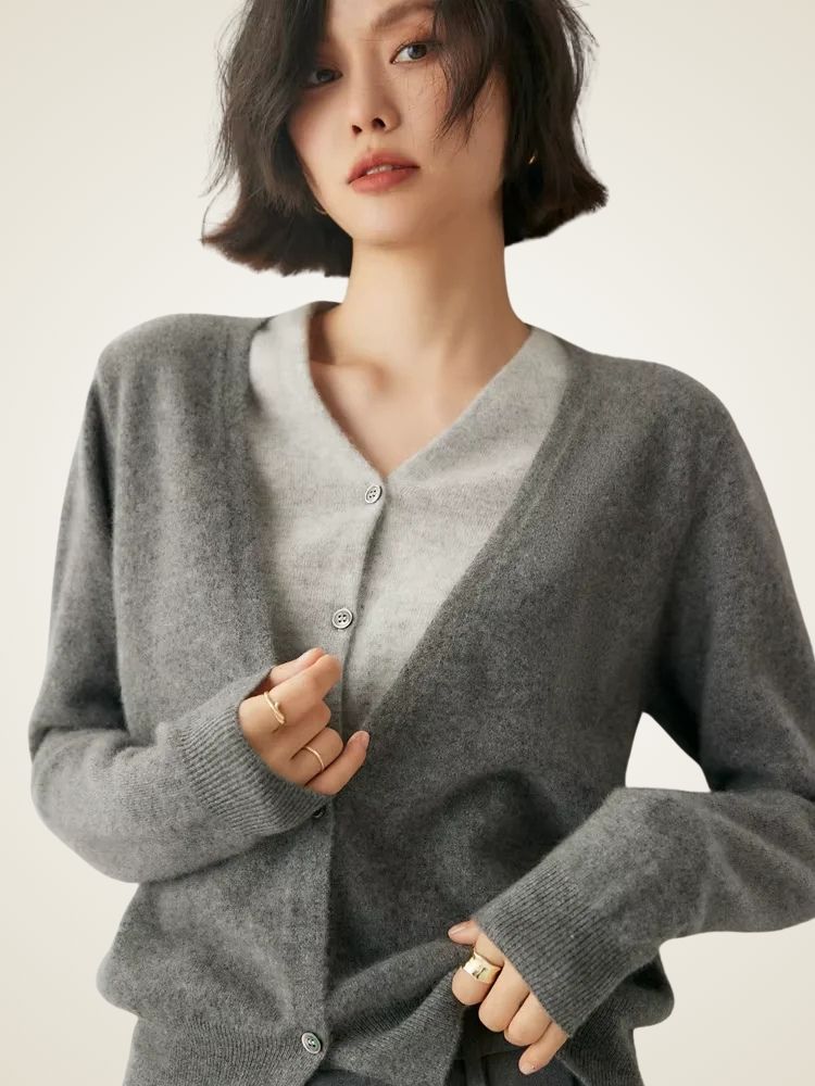 Riley - Gray Two-Tone Cashmere Cardigan | The Cashmere Studio