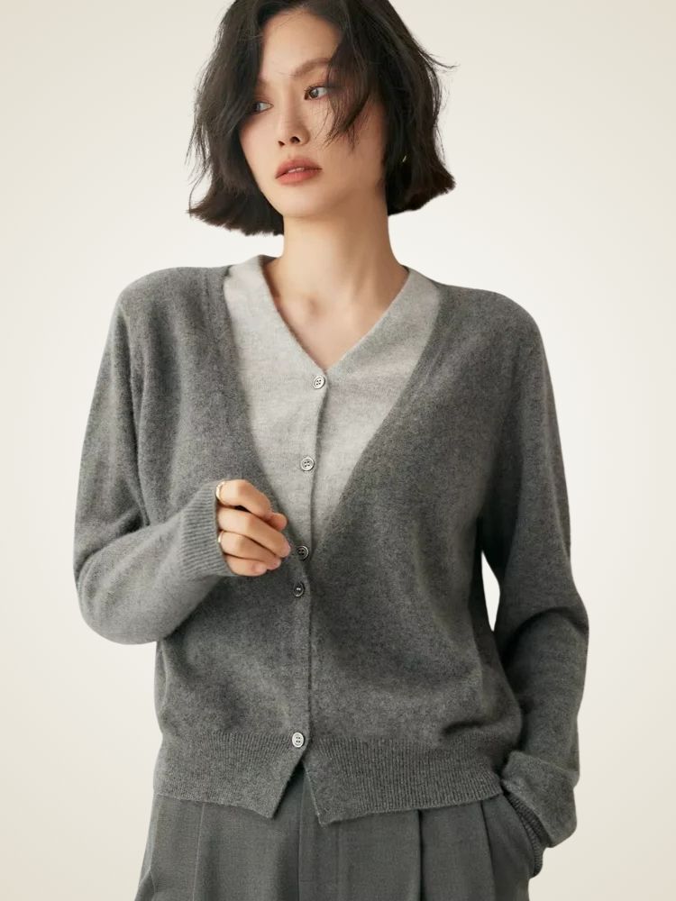 Riley - Gray Two-Tone Cashmere Cardigan | The Cashmere Studio