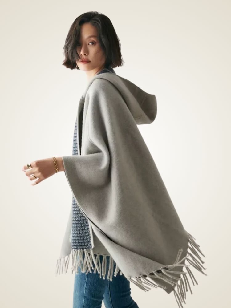 Nathalie - Gray Reversible Hooded Cashmere Cape | The Cashmere Studio