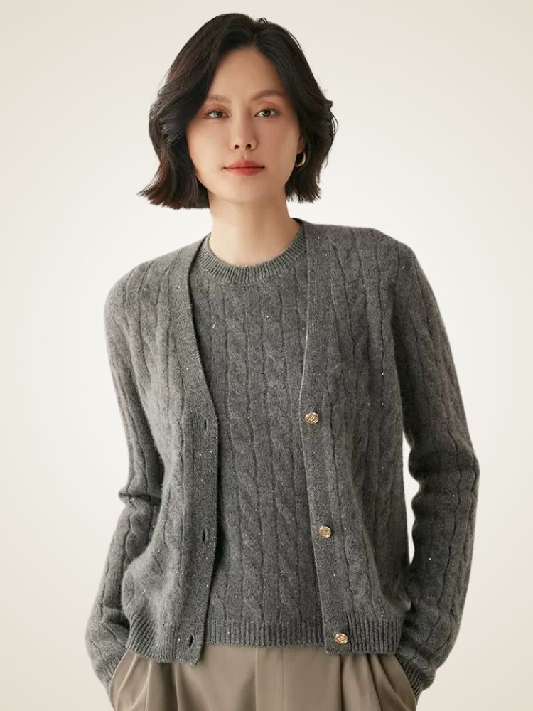 Holly - Gray Cable Knit Cashmere Cardigan | The Cashmere Studio