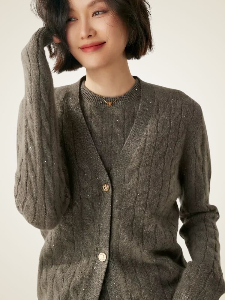 Holly - Gray Green Cable Knit Cashmere Cardigan | The Cashmere Studio