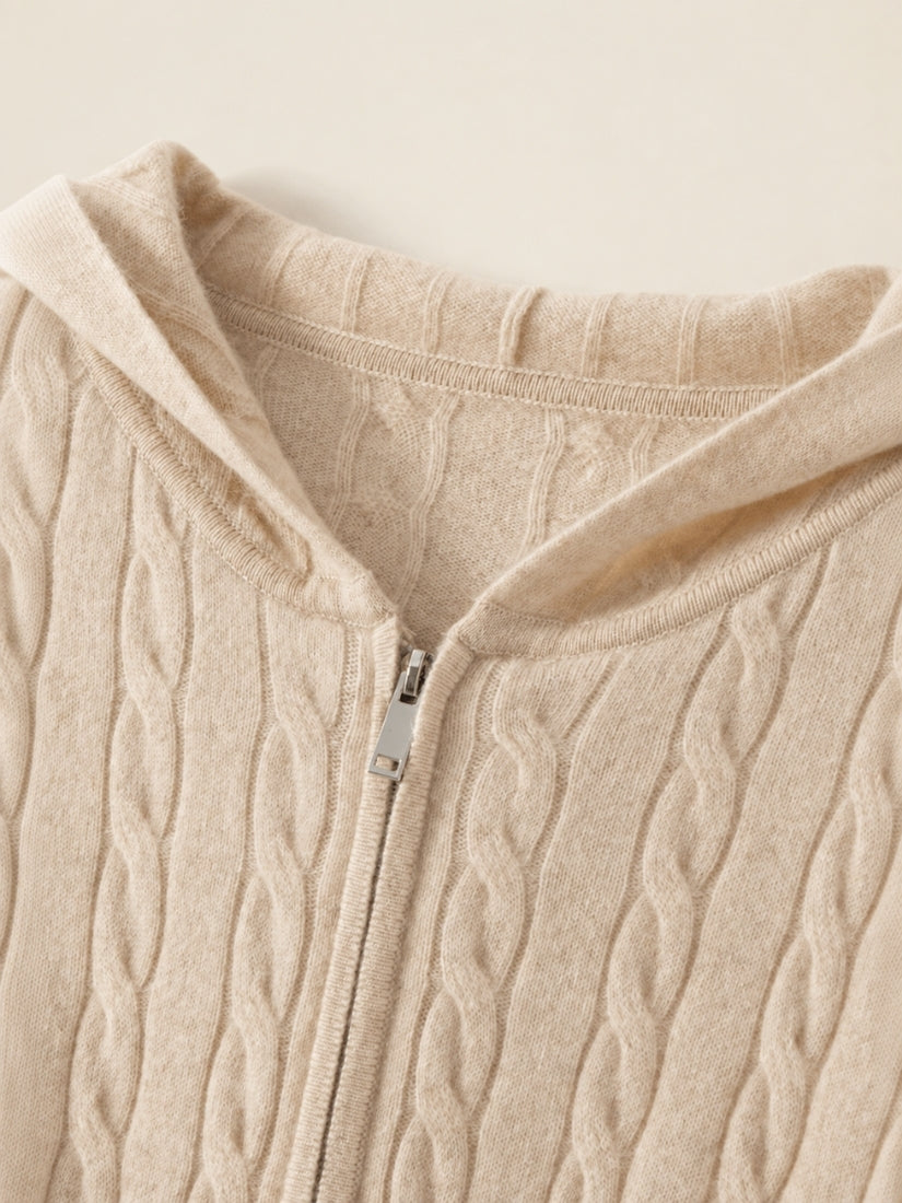 Iserelle - Beige Cashmere Cable-Knit Hoodie | The Cashmere Studio