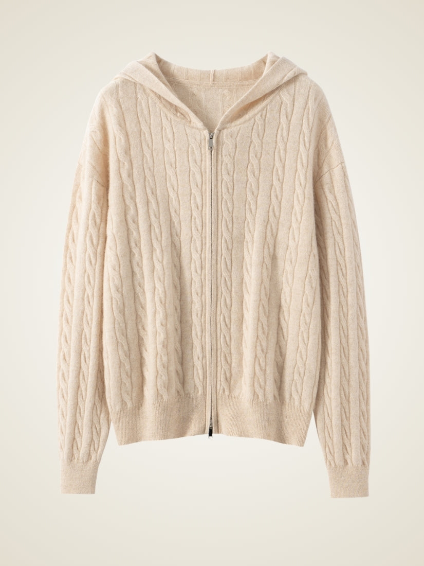 Iserelle - Beige Cashmere Cable-Knit Hoodie | The Cashmere Studio