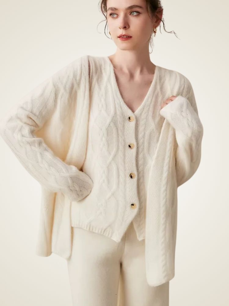 Blair - Ivory Two Piece Cable Knit Cashmere Cardigan | The Cashmere Studio