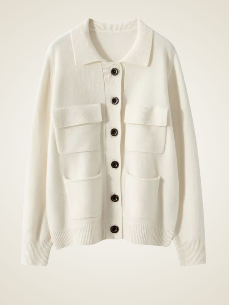 Gabriella - Ivory Turn Down Collar Cashmere Cardigan | The Cashmere Studio