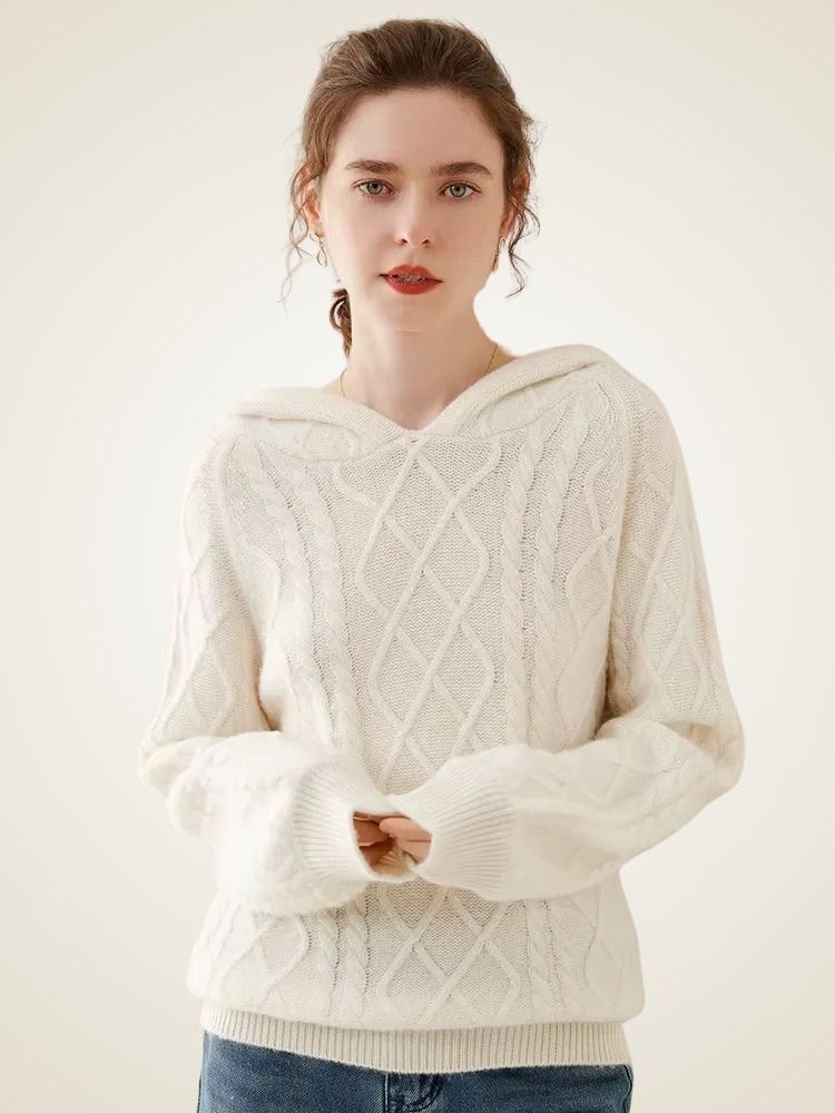 Estelle - Ivory Cable Knit Cashmere Hoodie | The Cashmere Studio