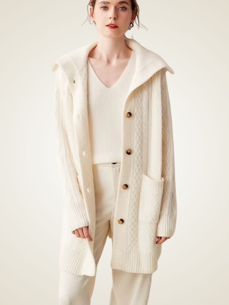 Paige - Ivory Collared Cable Knit Cashmere Cardigan | The Cashmere Studio