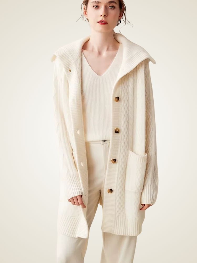 Paige - Ivory Collared Cable Knit Cashmere Cardigan | The Cashmere Studio