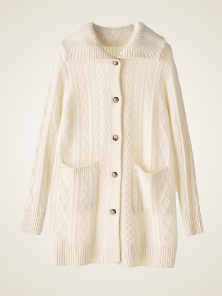 Paige - Ivory Collared Cable Knit Cashmere Cardigan | The Cashmere Studio