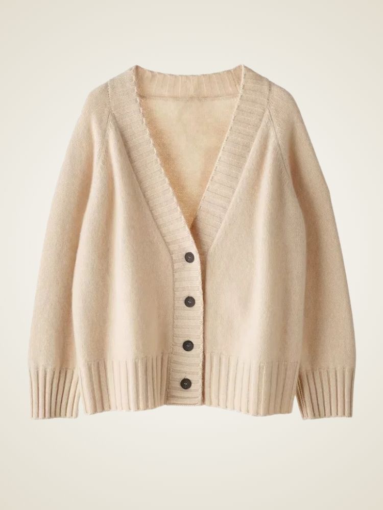 Eden - Beige V Neck Cashmere Cardigan | The Cashmere Studio