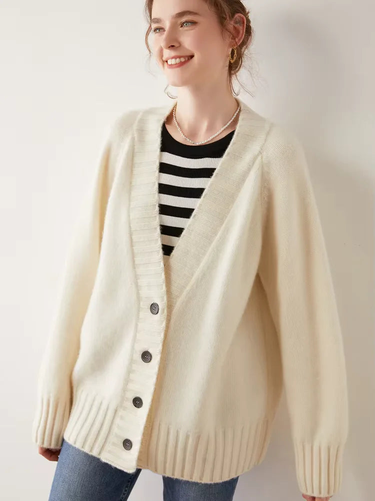 Eden - Ivory V Neck Cashmere Cardigan | The Cashmere Studio