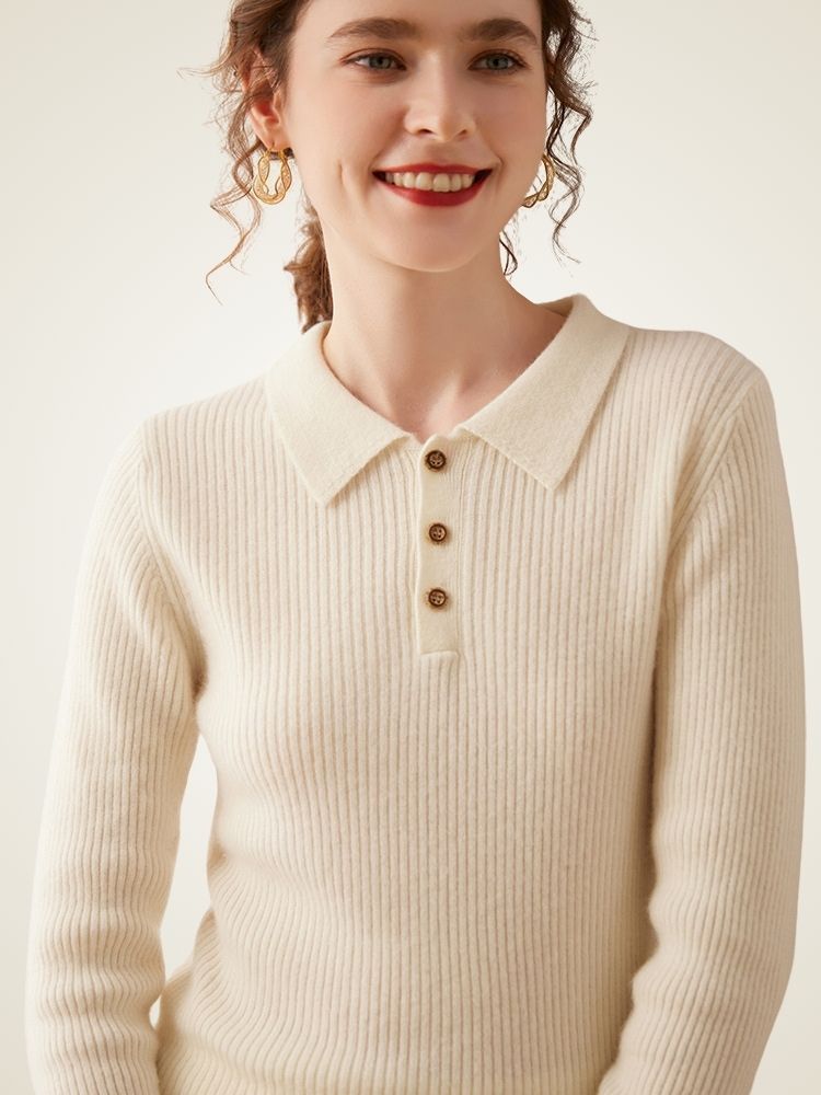 Naeria -  Ivory Cashmere Polo Sweater | The Cashmere Studio