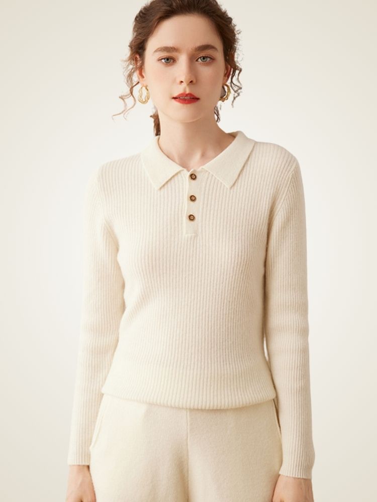 Naeria -  Ivory Cashmere Polo Sweater | The Cashmere Studio