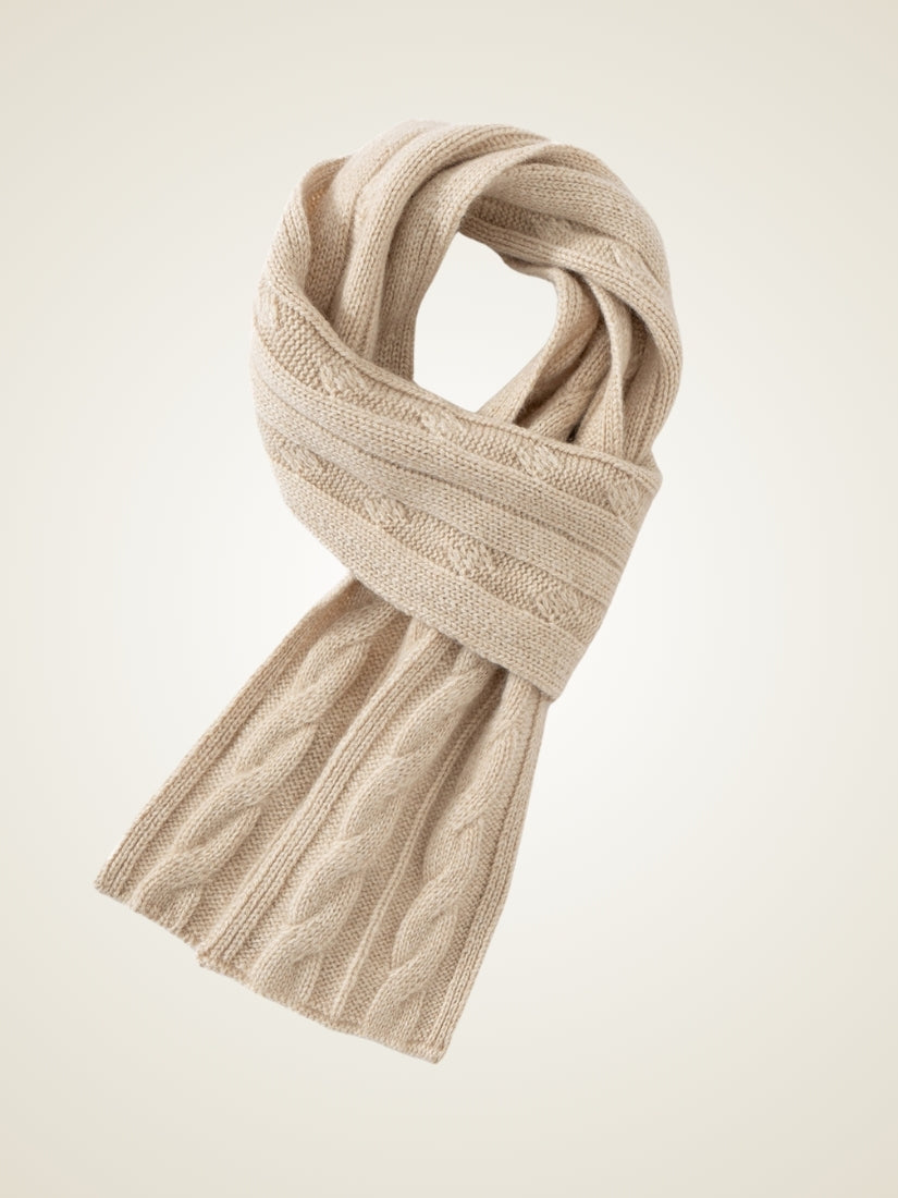 Jorelle - Beige Cable Knit Cashmere Scarf | The Cashmere Studio