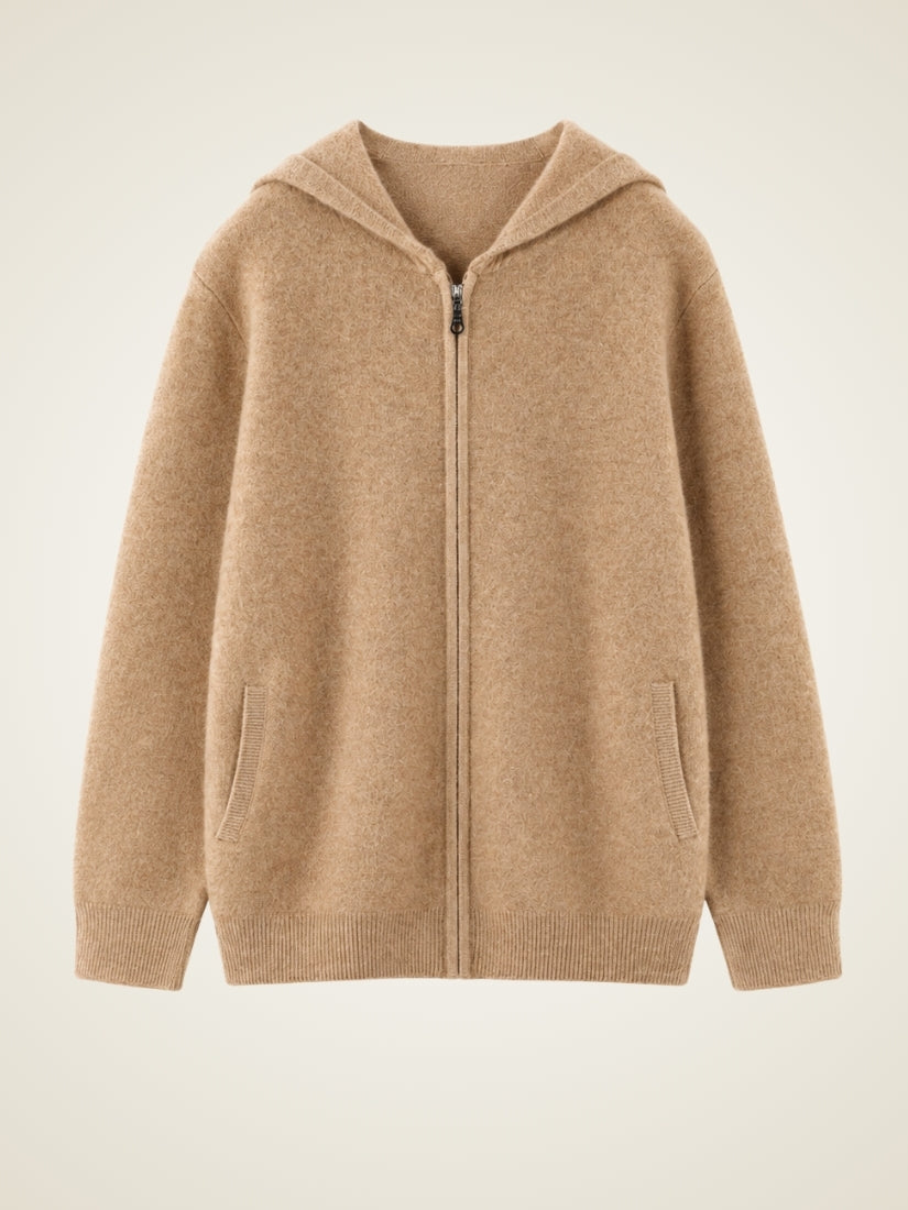 Jovian — Camel Hooded Zip-Up Cashmere Cardigan | The Cashmere Studio