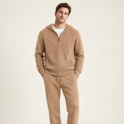 Jovian — Beige Hooded Zip-Up Cashmere Set | The Cashmere Studio