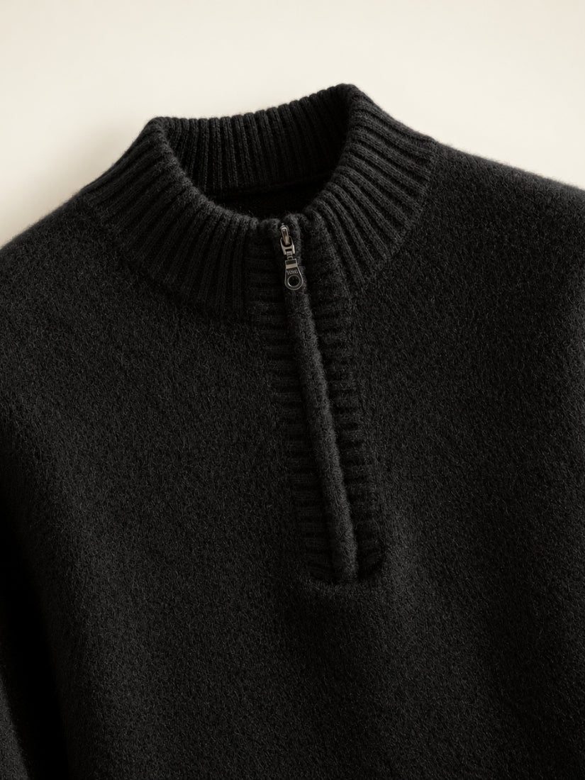 Kaian — Black Half-Zip Cashmere Sweater Detail | The Cashmere Studio