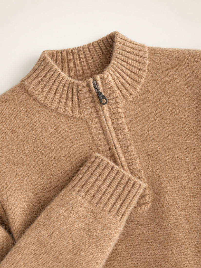 Kaian — Camel Half-Zip Cashmere Sweater Detail | The Cashmere Studio