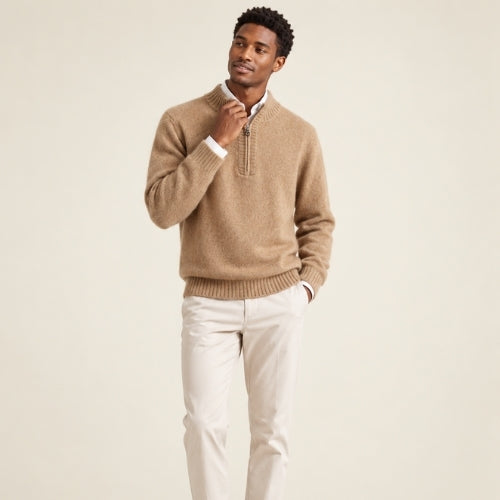 Kaian — Camel Half-Zip Cashmere Sweater | The Cashmere Studio