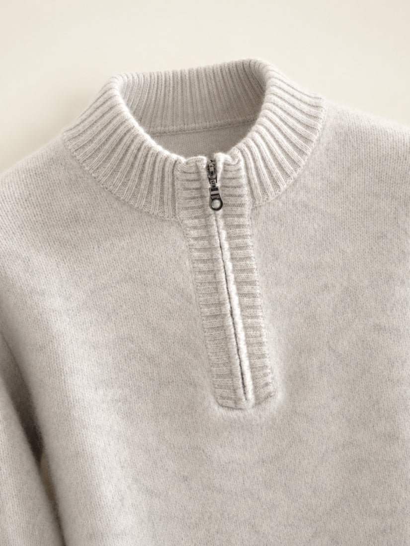 Kaian — Light Gray Half-Zip Cashmere Sweater Detail | The Cashmere Studio