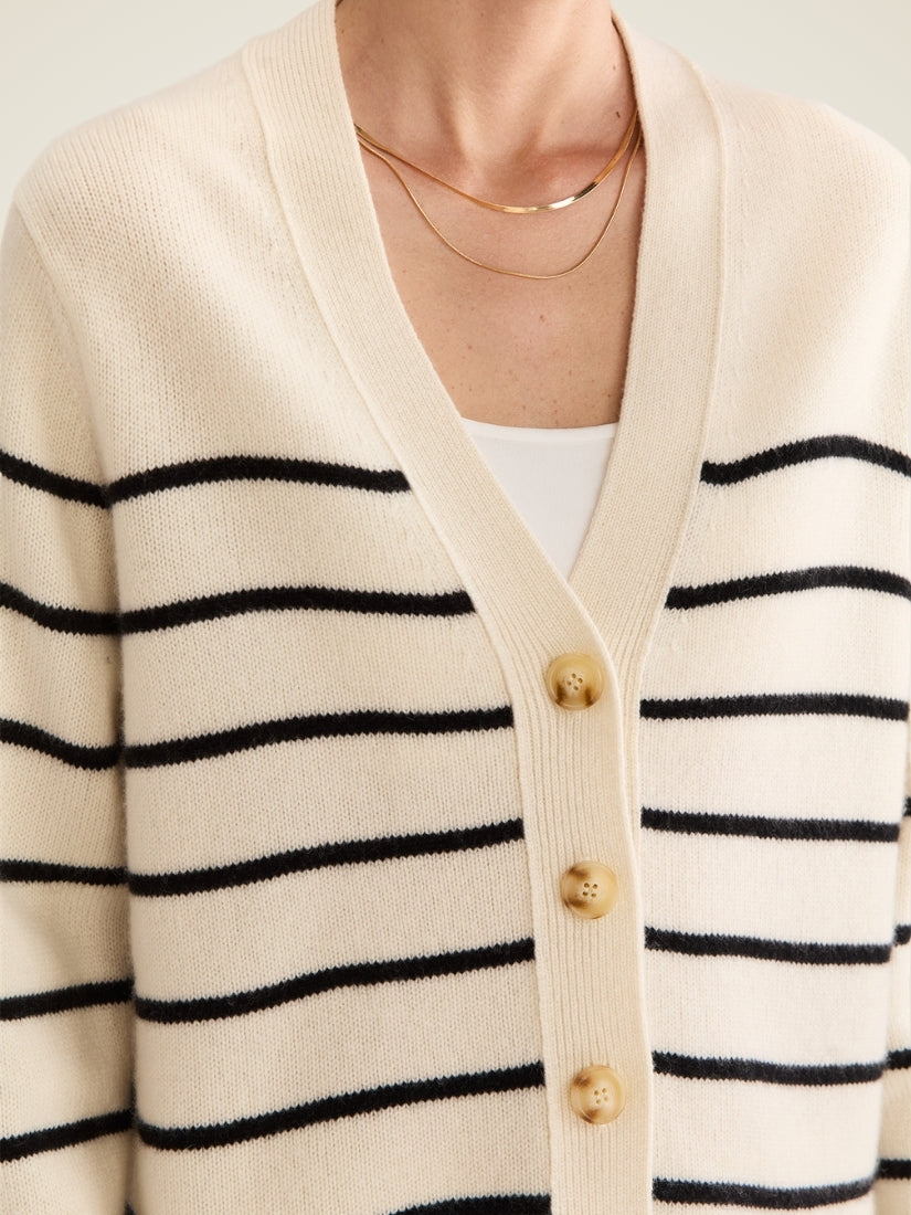 Kalestra — Ivory Striped V-Neck Cashmere Cardigan | The Cashmere Studio