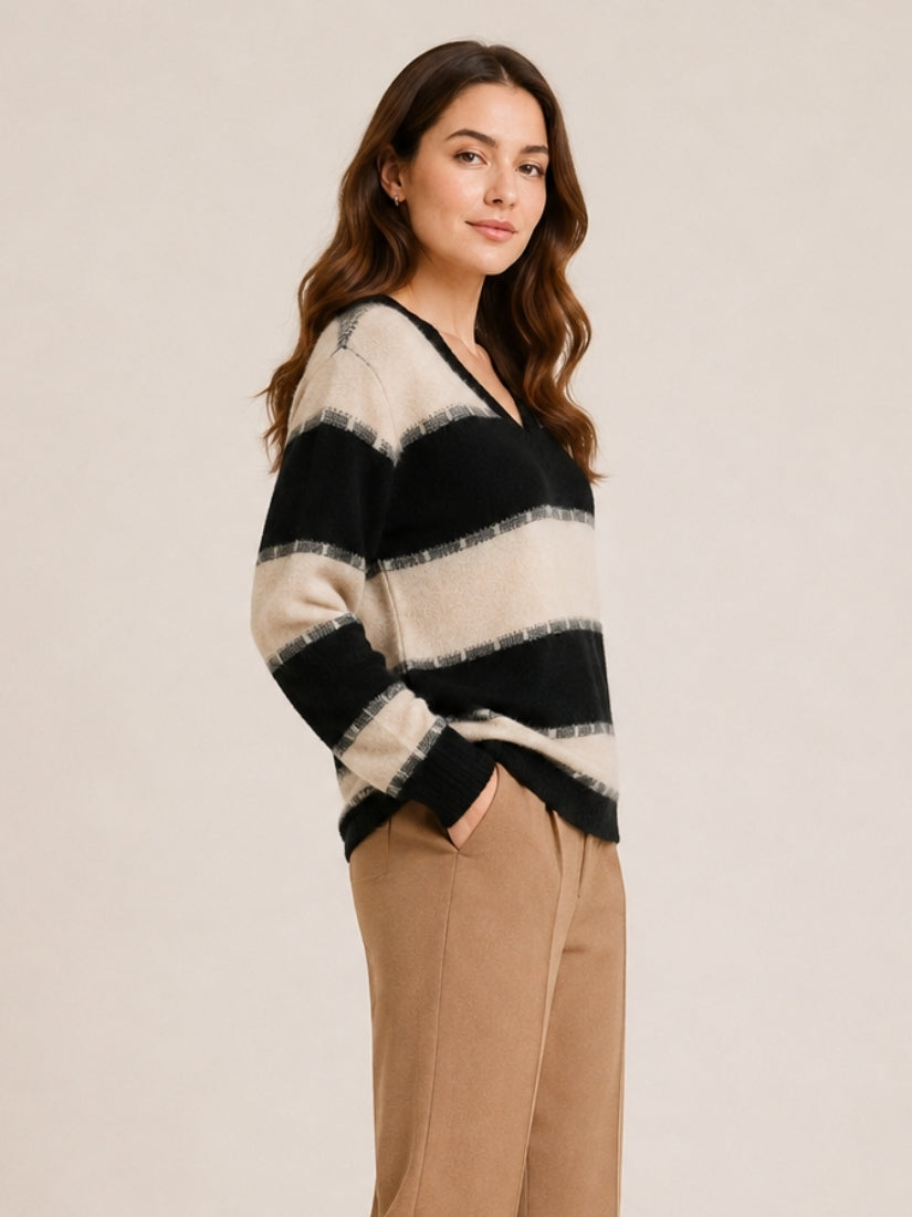 Kylindra - Beige Striped V-Neck Cashmere Sweater | The Cashmere Studio